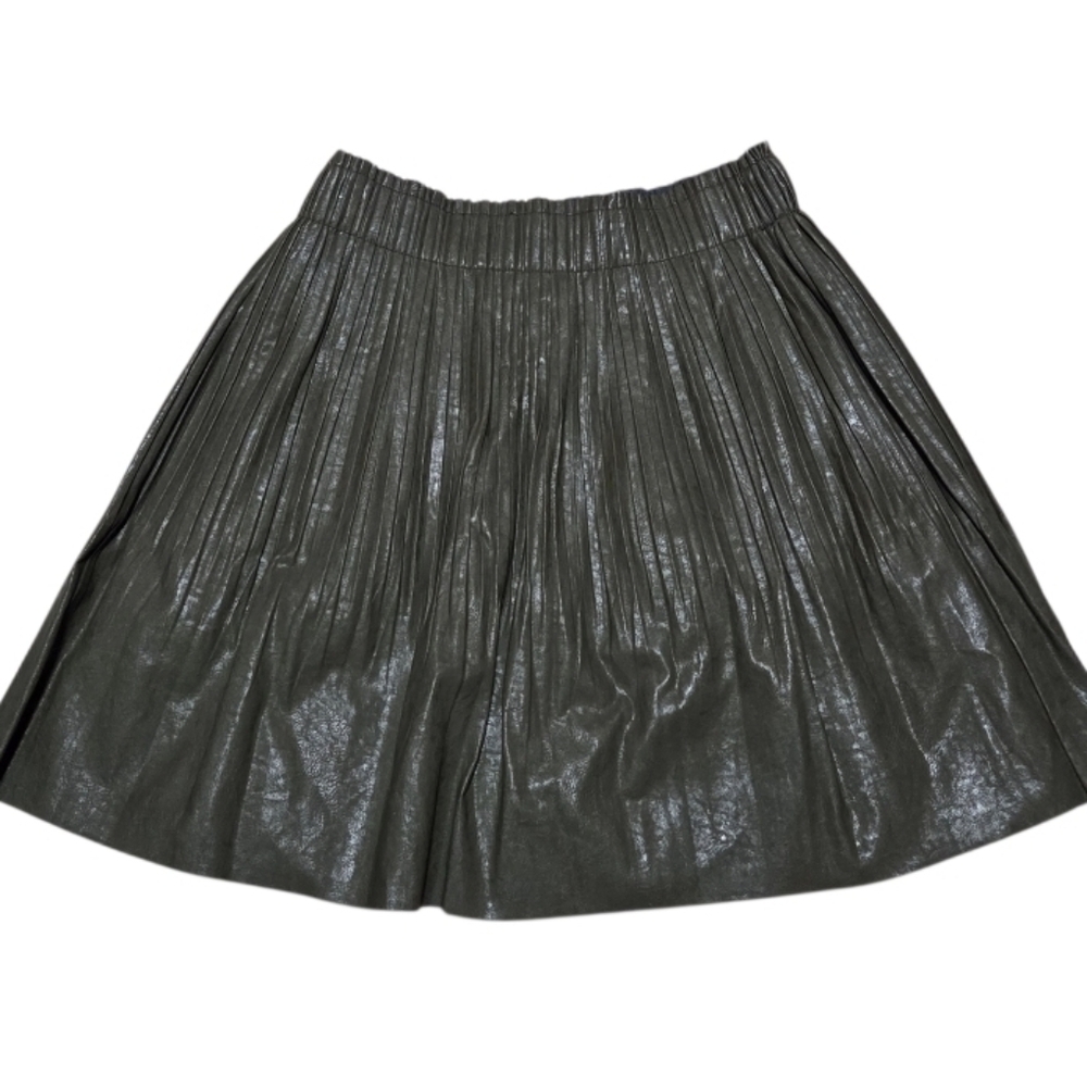 ANTHROPOLOGIE Ellene Faux Leather Mini Skirt Olive Green Pleated Size Large - Picture 2 of 6